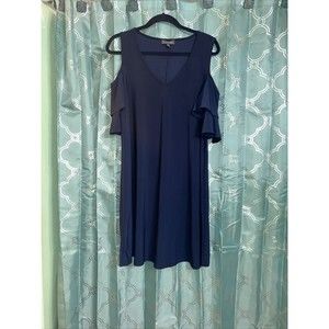 Luxology Womens Navy Blue Cold Shoulder A-Line Dress L